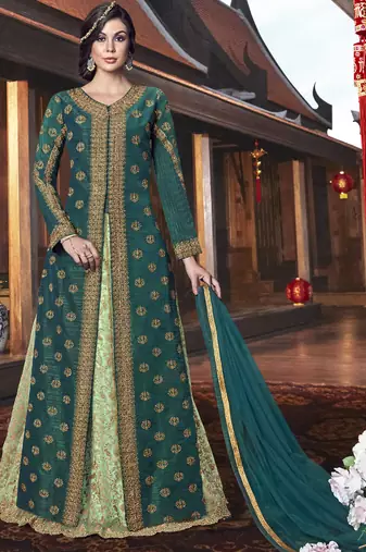 Green Embroidered Silk Blend Semi Stitched Salwar With Dupatta