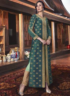 Green Embroidered Silk Blend Semi Stitched Salwar With Dupatta 3