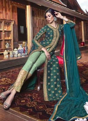 Green Embroidered Silk Blend Semi Stitched Salwar With Dupatta 4