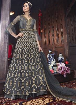Grey Embroidered Net Semi Stitched Salwar With Dupatta 1