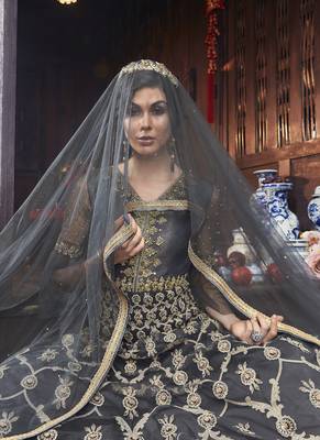 Grey Embroidered Net Semi Stitched Salwar With Dupatta 2