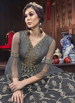 Grey Embroidered Net Semi Stitched Salwar With Dupatta 3