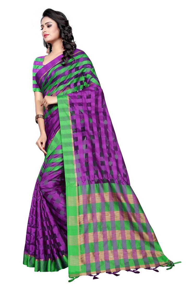 Purple Plain Cotton Saree With Blouse