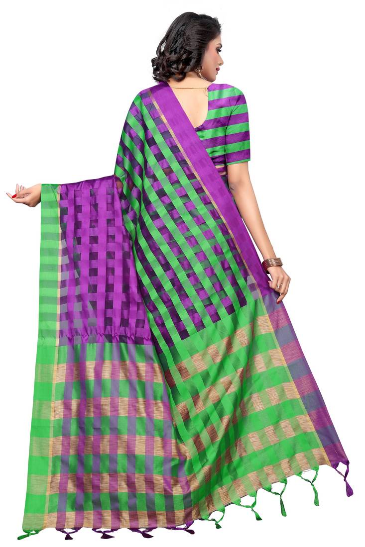 Purple Plain Cotton Saree With Blouse