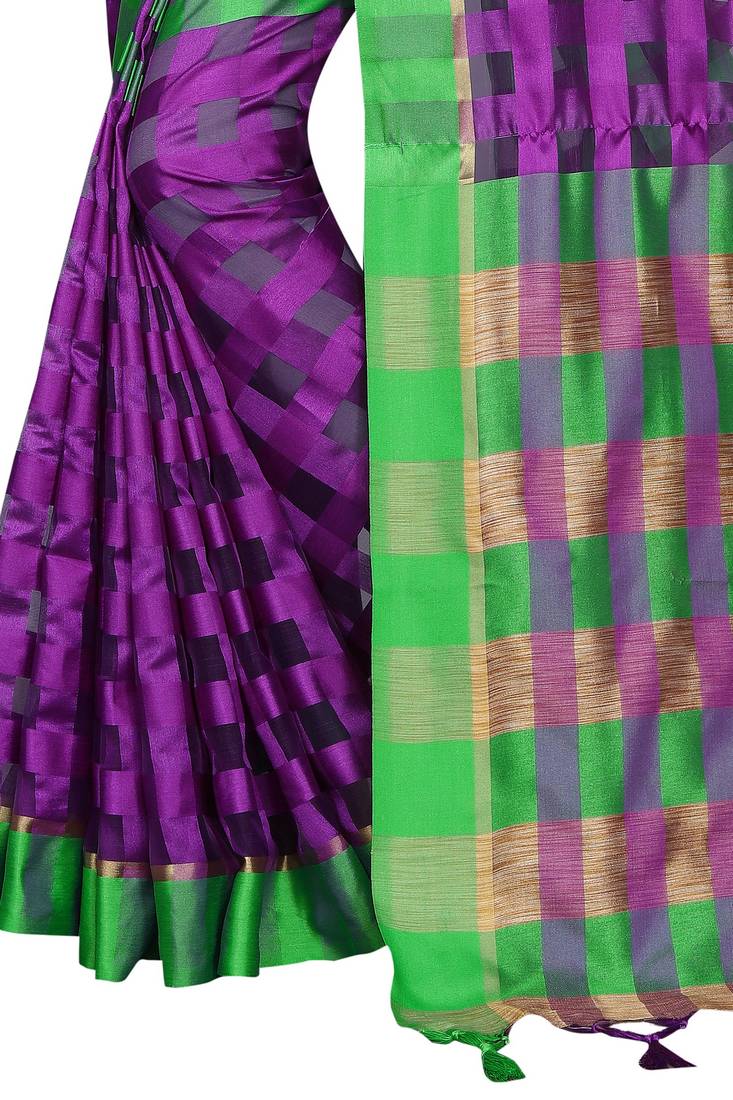 Purple Plain Cotton Saree With Blouse