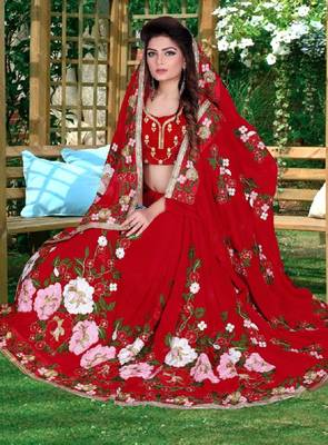 Red embroidered georgette saree with blouse 1