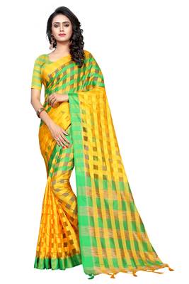 Yellow Plain Cotton Saree With Blouse 1