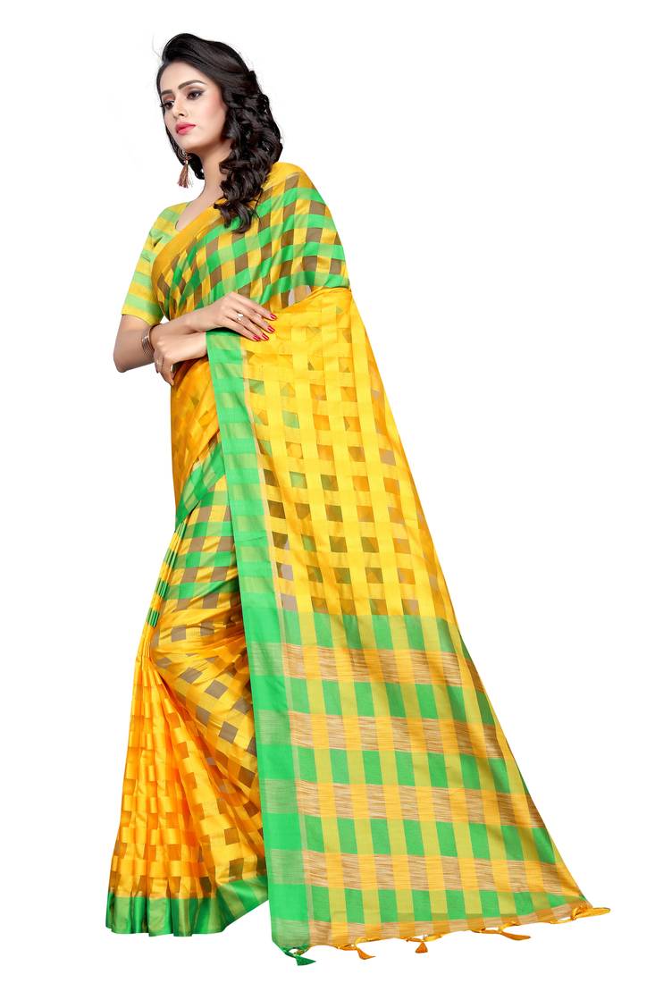 Yellow Plain Cotton Saree With Blouse