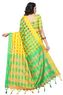 Yellow Plain Cotton Saree With Blouse 3