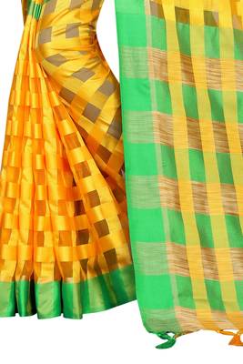 Yellow Plain Cotton Saree With Blouse 4