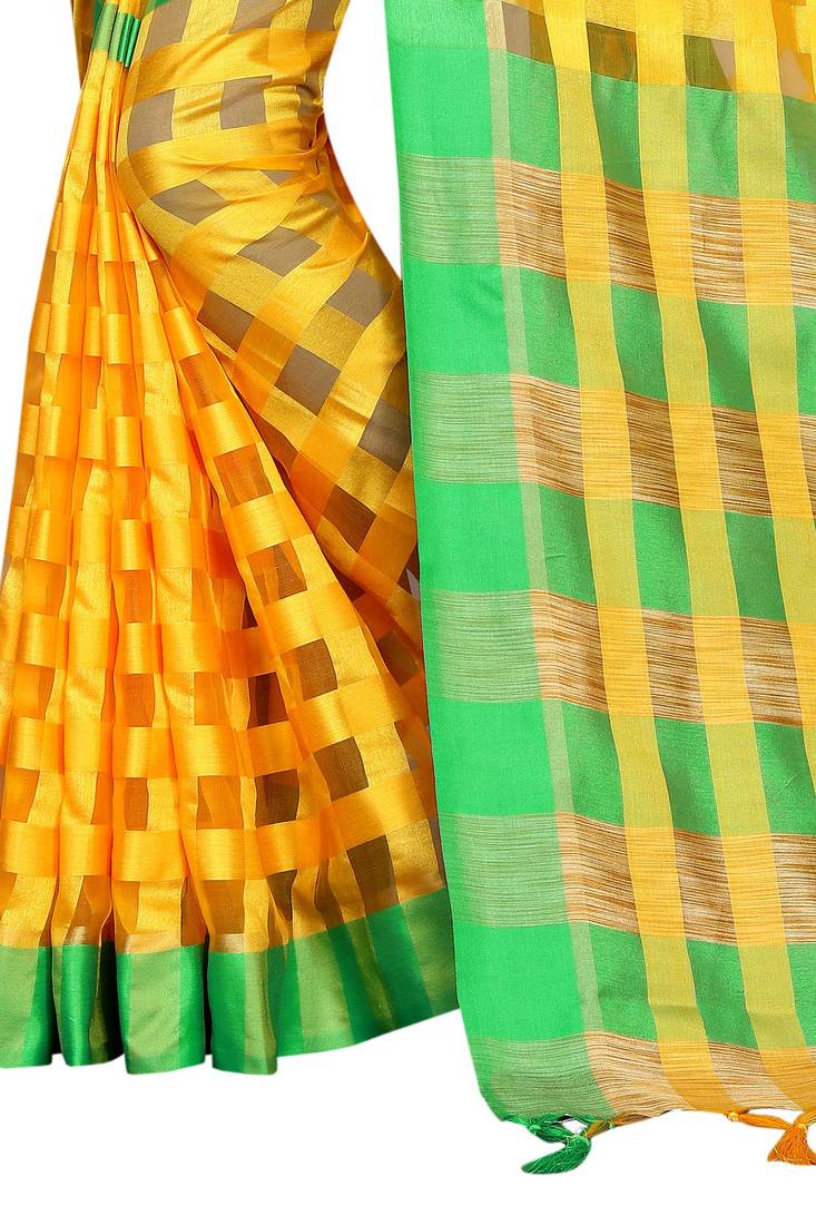 Yellow Plain Cotton Saree With Blouse