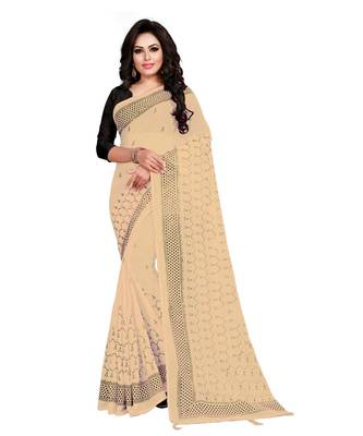 beige printed chiffon saree with blouse 1