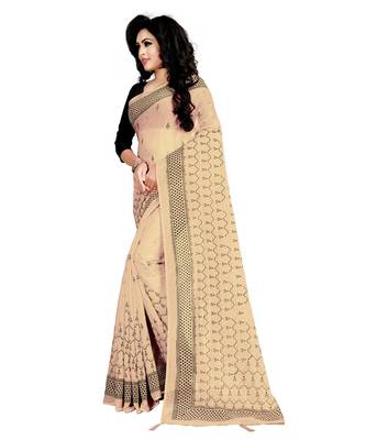 beige printed chiffon saree with blouse 2