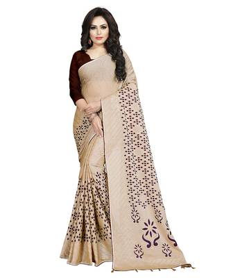 beige printed chiffon saree with blouse 1