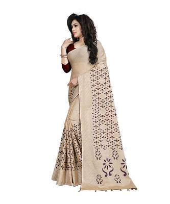 beige printed chiffon saree with blouse 2