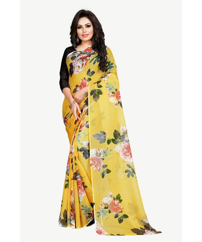 yellow printed chiffon saree with blouse
