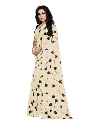 cream printed silk blend saree with blouse 2