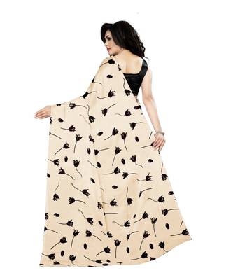 cream printed silk blend saree with blouse 3