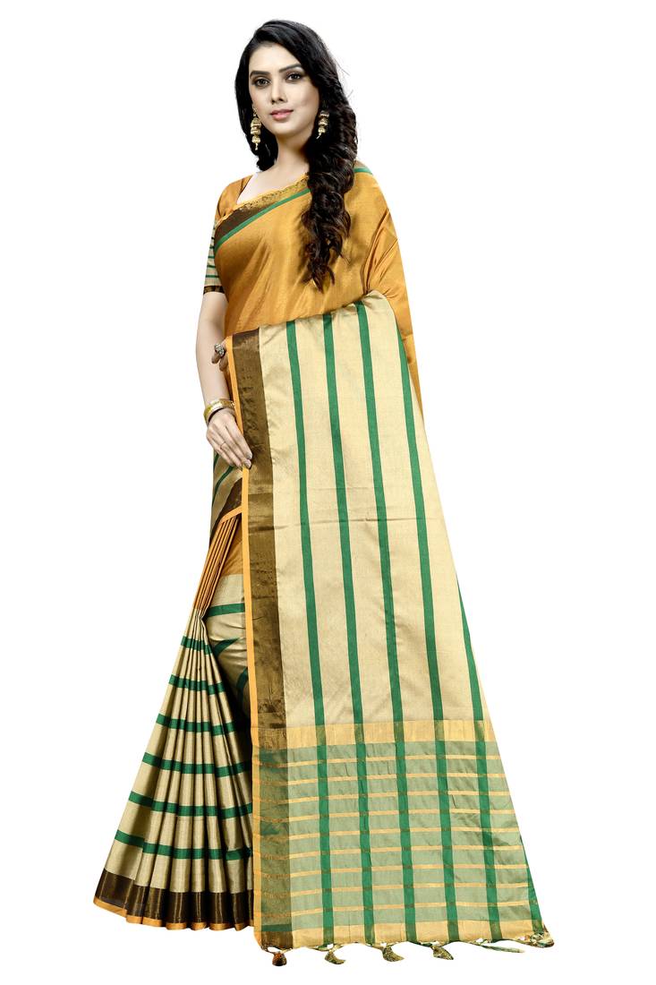 Mustard Plain Cotton Saree With Blouse