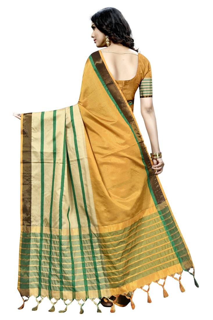Mustard Plain Cotton Saree With Blouse