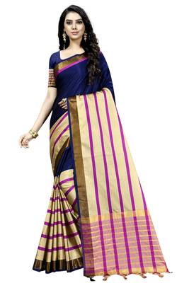 Blue Plain Cotton Saree With Blouse 1