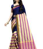 Blue Plain Cotton Saree With Blouse