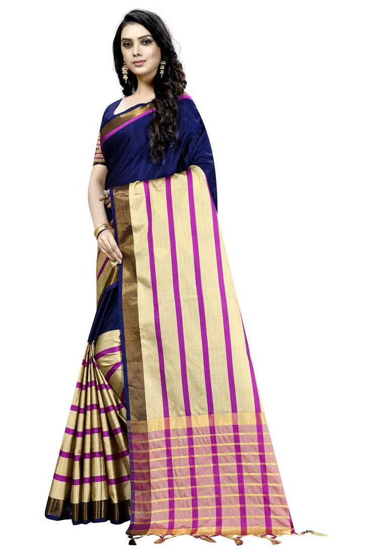 Blue Plain Cotton Saree With Blouse