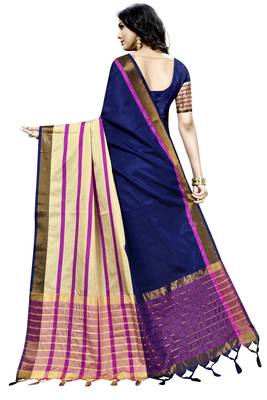 Blue Plain Cotton Saree With Blouse 3