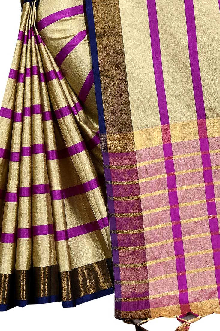 Blue Plain Cotton Saree With Blouse