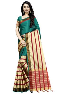 Green Plain Cotton Saree With Blouse 1