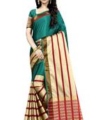 Green Plain Cotton Saree With Blouse