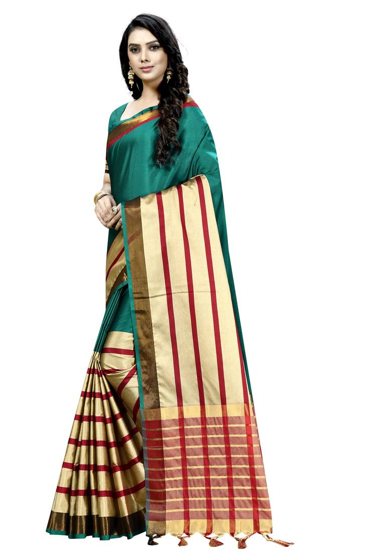 Green Plain Cotton Saree With Blouse