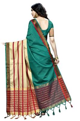 Green Plain Cotton Saree With Blouse 3