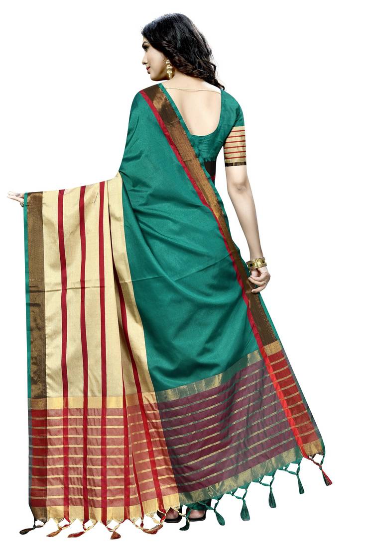 Green Plain Cotton Saree With Blouse