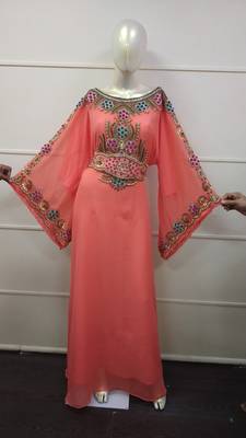 Peach  Zari Work Chiffon Polyester Islamic Party Wear Festive Kaftan 1