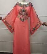 Peach  Zari Work Chiffon Polyester Islamic Party Wear Festive Kaftan