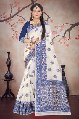 Royal blue woven cotton silk saree with blouse 1
