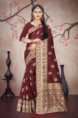 Maroon woven cotton silk saree with blouse 1
