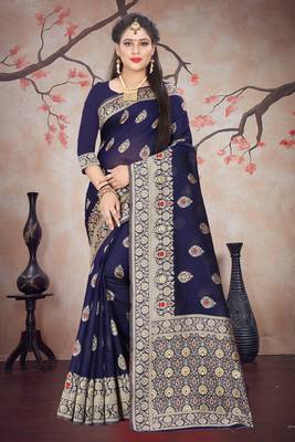 Navy blue woven cotton silk saree with blouse 1