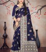 Navy blue woven cotton silk saree with blouse