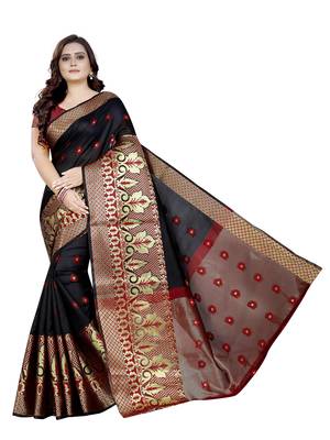 Black woven cotton poly saree with blouse 1