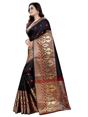 Black woven cotton poly saree with blouse 2