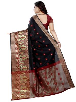 Black woven cotton poly saree with blouse 3