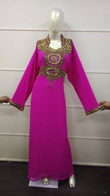 Wine Zari Work Chiffon Polyester Islamic Party Wear Festive Kaftan 1