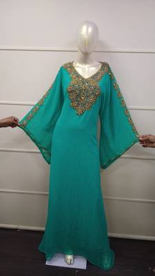 Rama Green Zari Work Chiffon Polyester Islamic Party Wear Festive Kaftan 1