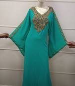 Rama Green Zari Work Chiffon Polyester Islamic Party Wear Festive Kaftan