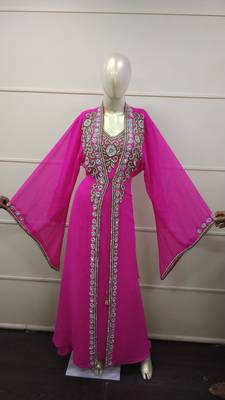 Pink Zari Work Chiffon Polyester Islamic Party Wear Festive Kaftan Jacket 1