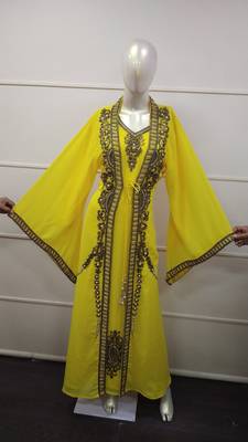 Yellow Zari Work Chiffon Polyester Islamic Party Wear Festive Kaftan Jacket 1