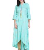 Turquoise printed cotton kurtas-and-kurtis
