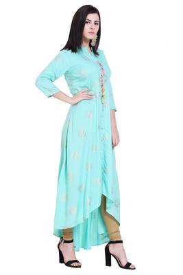 Turquoise printed cotton kurtas-and-kurtis 3